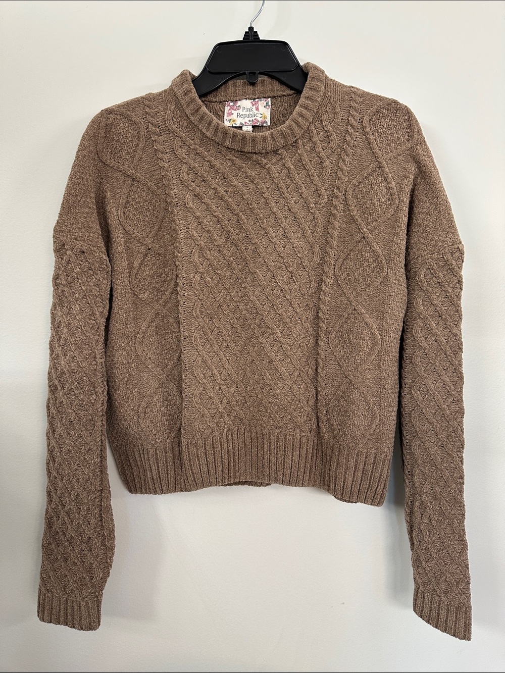 NWT Pink Republic Sweater Cableknit Chenille Brown Size Large